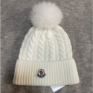 Moncler White Cable Knit Pom Beanie